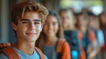 Naklejka premium Students Gather for a Group Photo While Smiling and Waiting in the Hallway During School Hours in a Busy Academic Setting