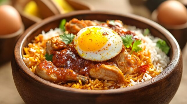 Delectable Chicken Biryani in a Traditional Setting with Egg and Garnishes