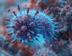 Microscopic View of a Virus: Intricate Structure and Vivid Colors