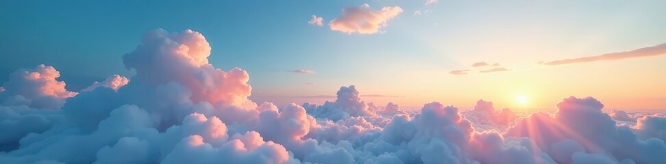 Fototapeta premium Soft and feathery wisps of cloud create a serene landscape against a brilliant blue backdrop at sunrise, sunrise, soft