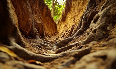 Extreme close-up view of the road to Alir cave, a secret pathway through the hills of Bandarban into a narrow passage leading to the cave.