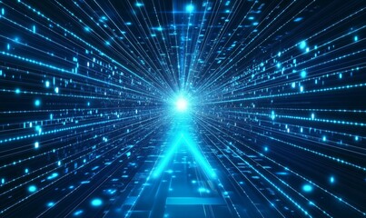 Obraz premium Arrow pointing forward on digital tech background, Abstract boosting conception of high-speed Internet connection. Light low poly wireframe vector illustration on technology blue backgroun