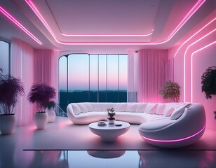 futuristic white living room pink neon lights serene minimalist design peace calm relaxation