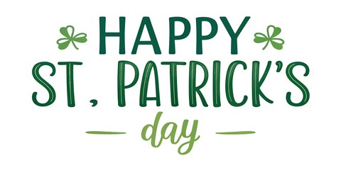 Minimalist St. Patrick's Day greeting with green typography and small shamrocks on a clean white background. Ideal for cards, posters, or digital holiday designs.