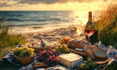 Beach Picnic Bliss: A delectable spread of cheese, bread, grapes, and wine graces a seaside picnic, bathed in the warm glow of sunset.