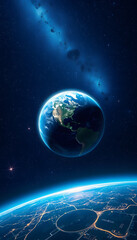 Obraz premium Amazing deep space with stars and a blue planet Earth with city lights at night. Space for design and text, comic art, with white tones