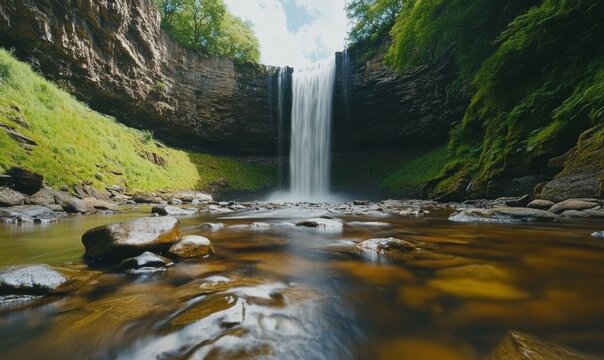 Extreme close-up of Sgwd Ddwli Isaf waterfalls on the river Neath in South Wales