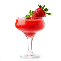 A fruity Strawberry Daiquiri with strawberry garnish, presented against an isolated white background, surrealism art style
