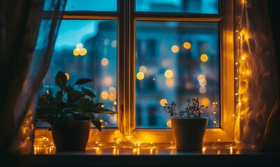 Fairy lights glowing in window creating cozy late night vibes