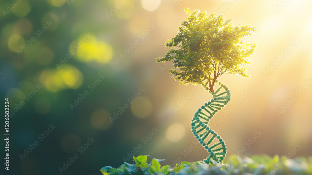 Poster Unique tree shaped like DNA helix symbolizes the harmony of nature and science in a sunlit setting