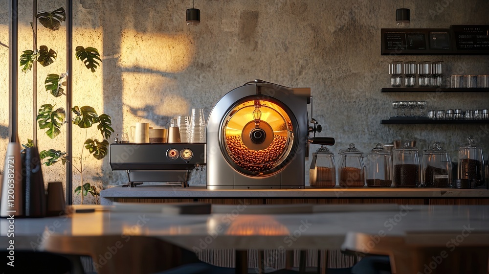 Poster coffee roasting machine in modern cafe setting