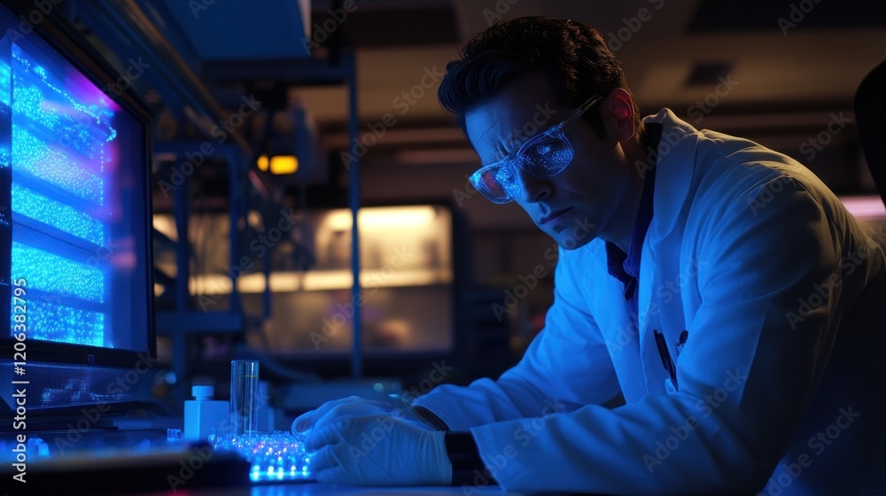 Poster scientist works late in a modern laboratory setting