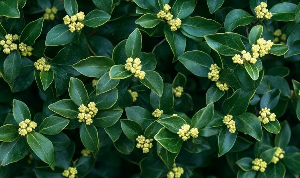 Extreme close-up shot of little flowers of Euonymus verrucosus or spindle tree