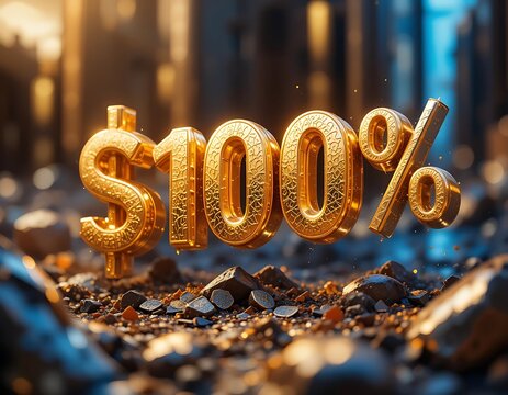 Golden $100% Sign on Rough Terrain, 3D Render of a Luxurious Financial Success Symbol - Powered by Adobe