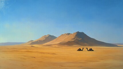 Desert Landscape With Two Resting Camels Under a Blue Sky
