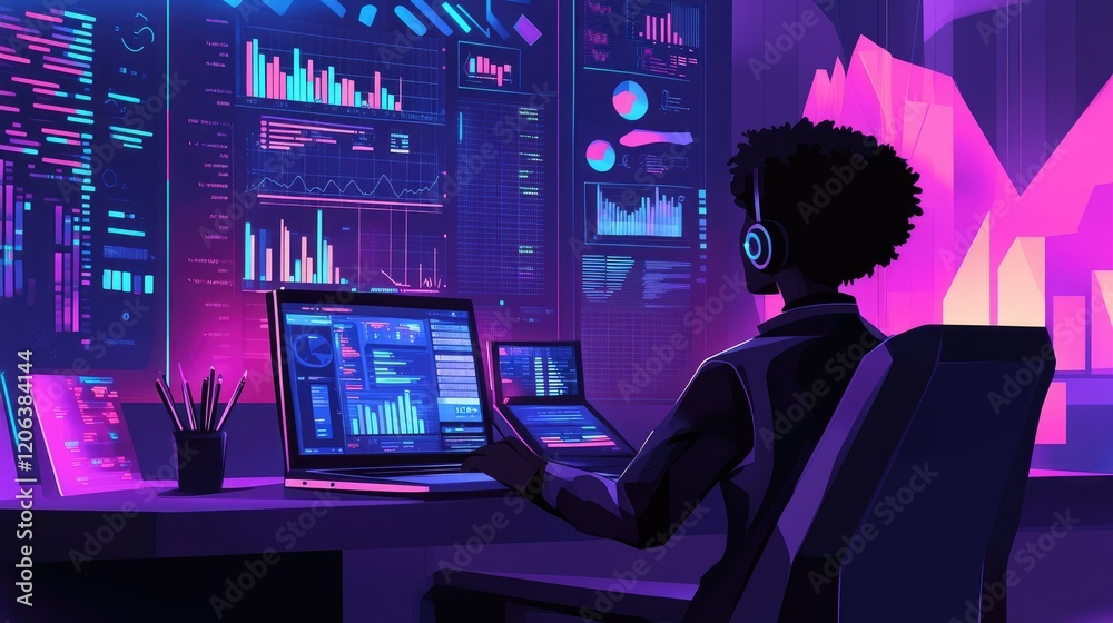 Poster Data Analyst Working With Multiple Screens Showing Charts And Graphs