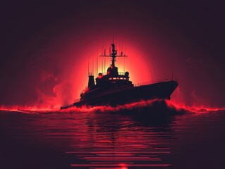 Obraz premium A Majestic Vessel Silhouetted Against a Fiery Red Sunset with Vibrant Reflections Casting an Aura of Adventure and Mystery on Calm Ocean Waters