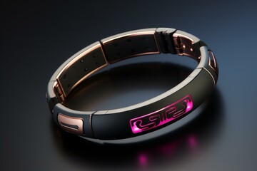 Modern smart bracelet showing futuristic glowing pink symbols on a dark background, concept of wearable technology and innovation