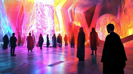 Silhouetted figures in a vibrant, futuristic, crystalline cavern.