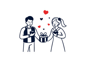 Romantic Couple with Gift and Hearts Illustration - Love and Relationship Art