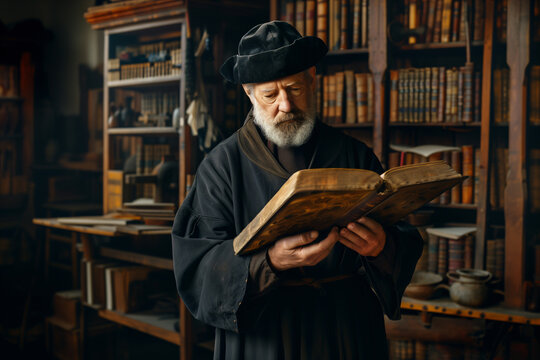 Early days of printing press. An old master from the 15th century, reminiscent of Gutenberg, is holding a large printed book open, in his hands, reading or examining his craft, inside his workshop.