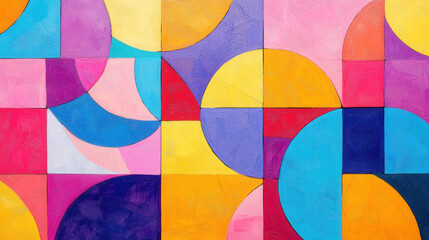 Obraz premium Playful abstract geometric design, vibrant colors in random arrangements, overlapping semi-circles and squares