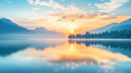 Fototapeta premium Serene Sunrise Over Misty Mountain Lake With Birds