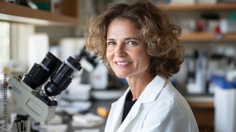 Poster smiling female scientist in a laboratory setting