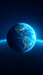 Obraz premium Beautiful amazing blue planet earth with night lights of megacities and cities in open space with stars. Space view of planet earth, silhouette, with white tones