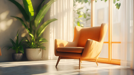 Warm light filtering through a window into a simple yet stylish living room with a chair.
