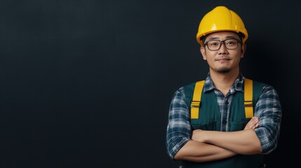 Confident Asian Construction Worker in Yellow Hard Hat with Arms Crossed, Portrait on Dark Background