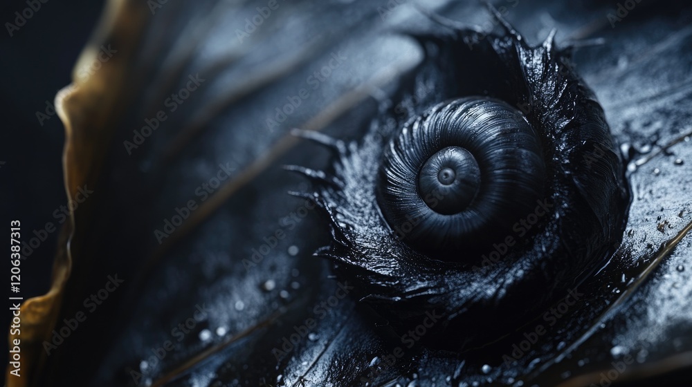 Poster Dark Snail Shell Resting On A Leaf
