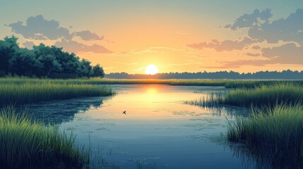 Obraz premium Serene Sunset Over a Tranquil River Landscape with Lush Green Vegetation, Reflecting the Golden Sunlight and Casting a Peaceful Ambiance in Nature