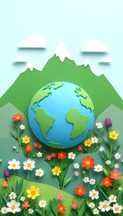 Naklejka premium Earth Day Paper Cut Design with Globe and Flowers