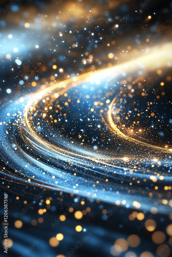 Poster swirling patterns of blue and gold light create a cosmic atmosphere in a mesmerizing digital artwork