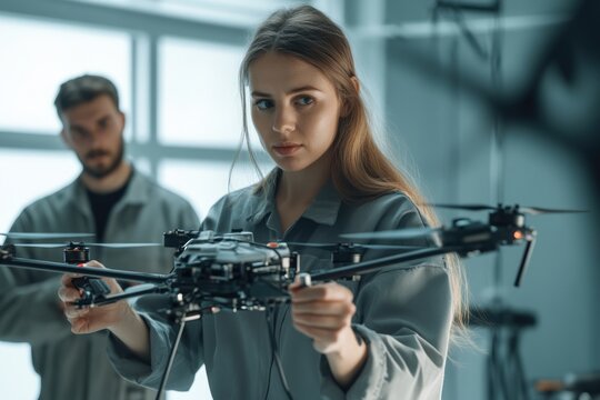 A female engineer meticulously assembles a drone, showcasing precision and expertise in a technological workspace. - Powered by Adobe