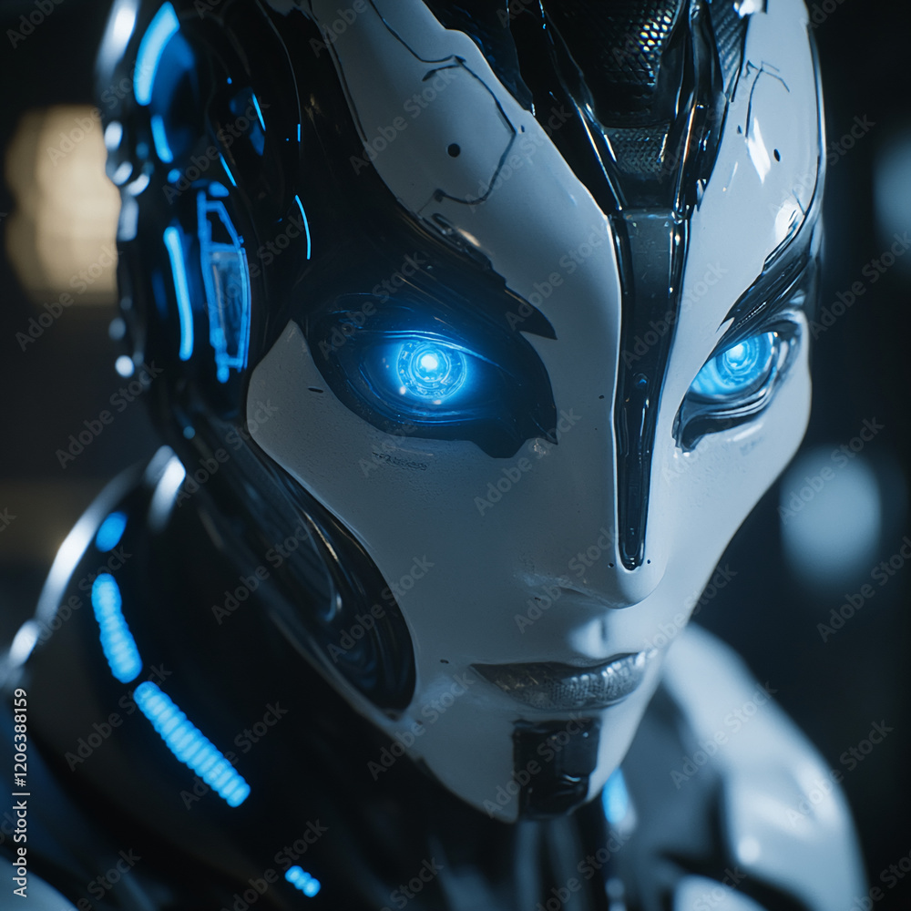 Poster human-like robot with glowing blue eyes in a futuristic setting exploring advanced technology