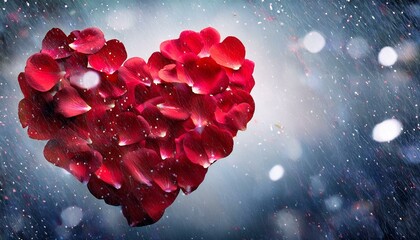 red heart petals and snow falling