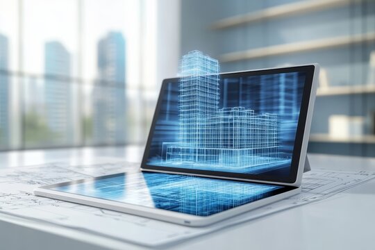 3d rendering of digital tablet with skyscraper blueprint and hologram in modern interior space