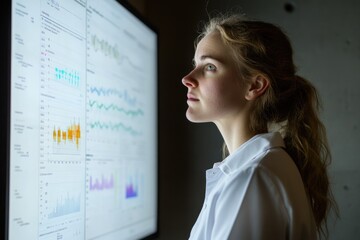 Young woman in white lab coat analyzes data displayed on a large screen, focusing intently on the charts and graphs.