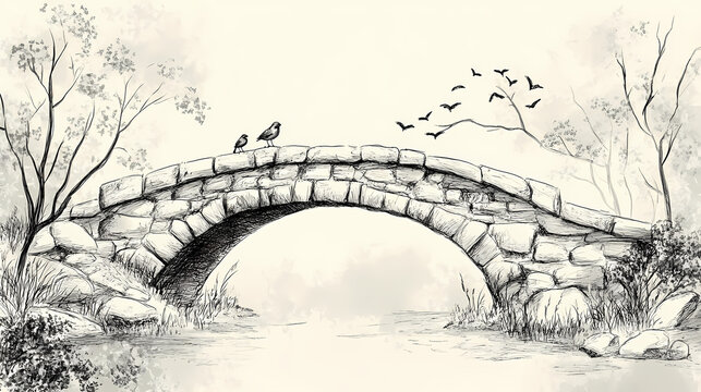 A charming illustration of a stone bridge with birds perched, showcasing nature and tranquility in a sketch style. Rustic Bridge. Illustration