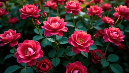 Obraz premium Overhead shot of damascena rose flowers in a field, field, overhead