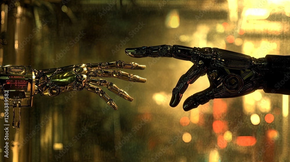 Aufkleber Two Robotic Hands Reaching Towards Each Other In A Futuristic Setting