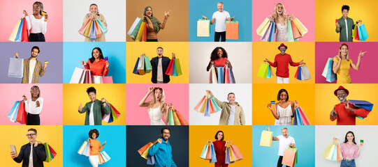 Fototapeta premium A diverse group of people showcase their shopping finds in a colorful collage, highlighting the excitement of Black Friday discounts and consumerism in a festive atmosphere.