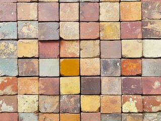 Colorful, rustic square tiles arranged in a grid.