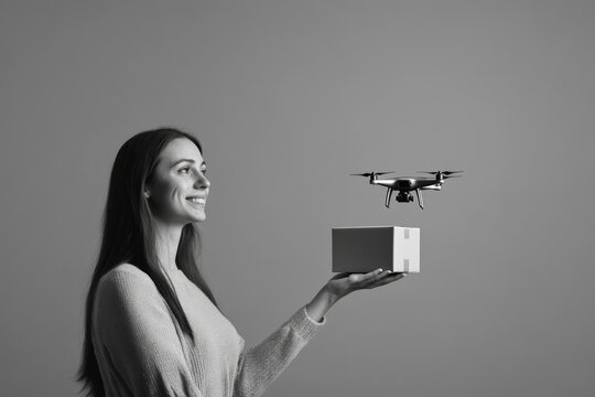 A woman smiles, holding a box as a drone hovers nearby, suggesting delivery.