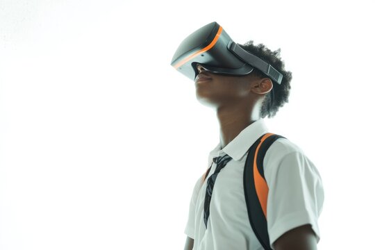 A schoolboy wearing a VR headset, experiencing immersive technology.