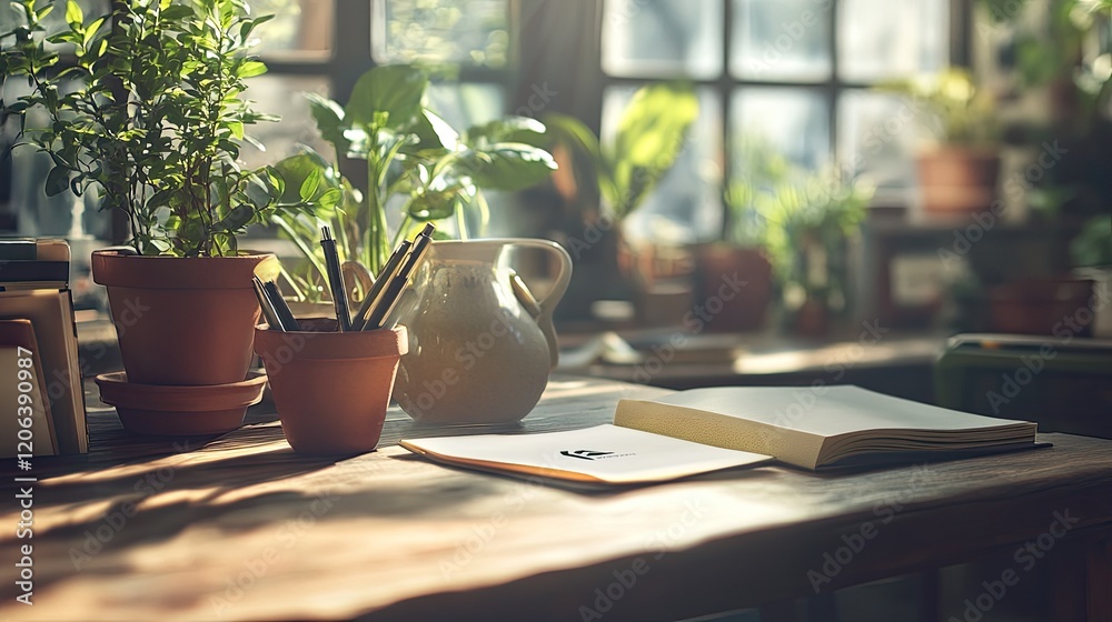 Poster sunlit workspace with plants notebook and pens