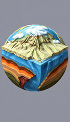 A 3D cutaway of Earth with geological layers, mountains, ocean floor, and subsurface layers. Copy space available, color sketch, with white tones