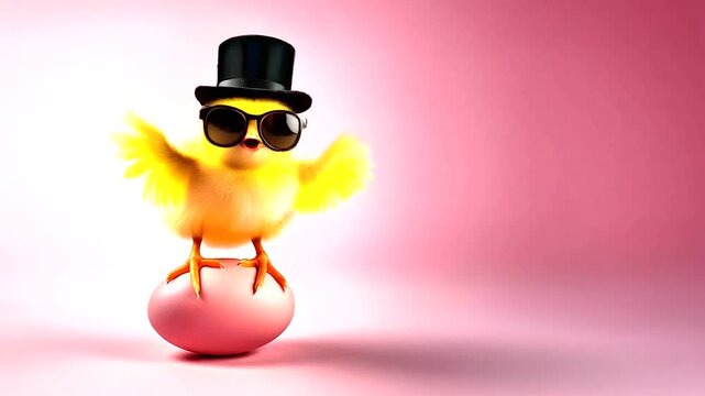 an easter yellow chick wearing sunglasses and a top hat standing on a pastel colored easter egg, easter, eggs, holiday, spring